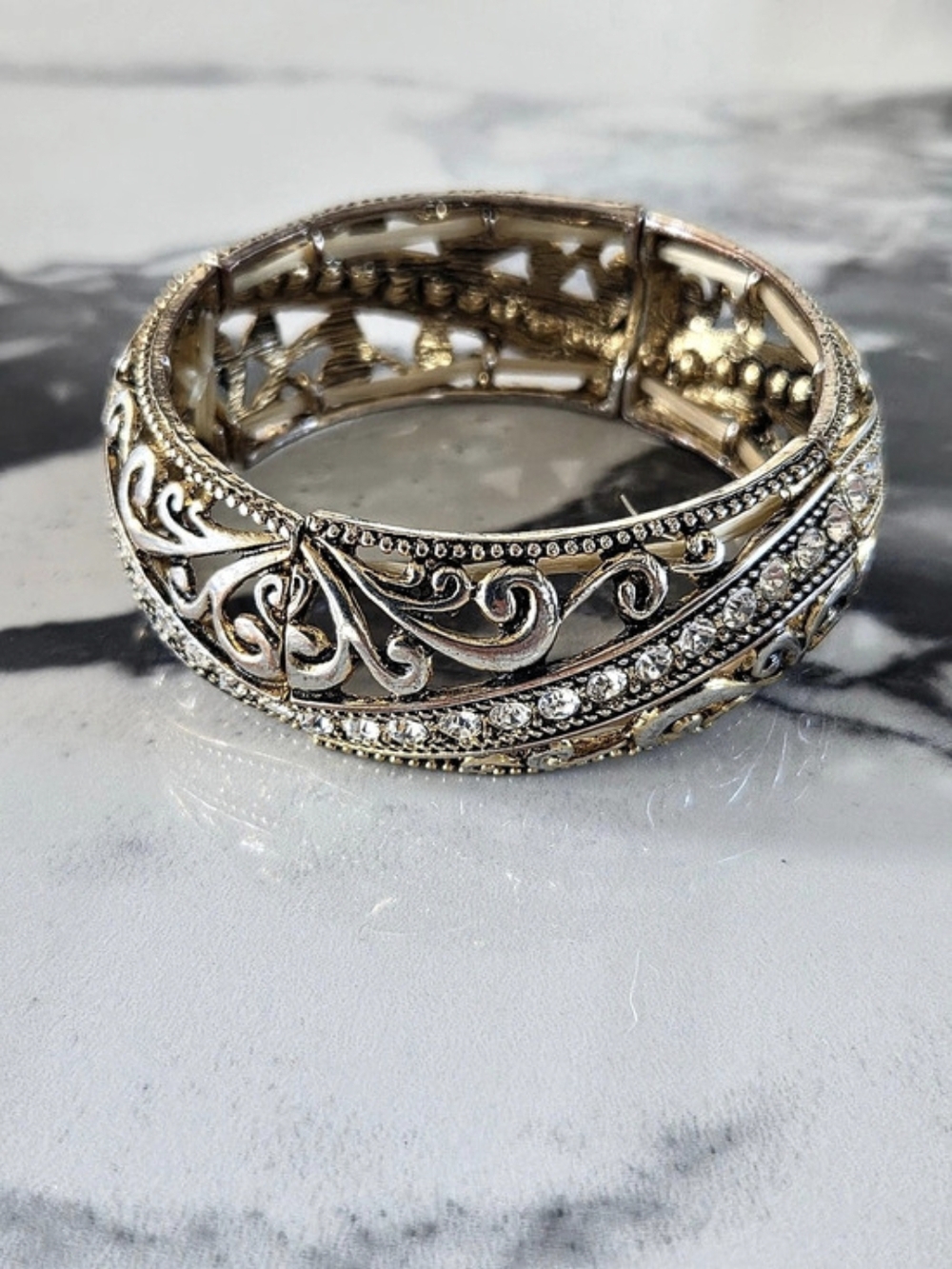 Vintage Gold & Silver Tone Filigree Rhinestone Stretch Bangle Bracelet
